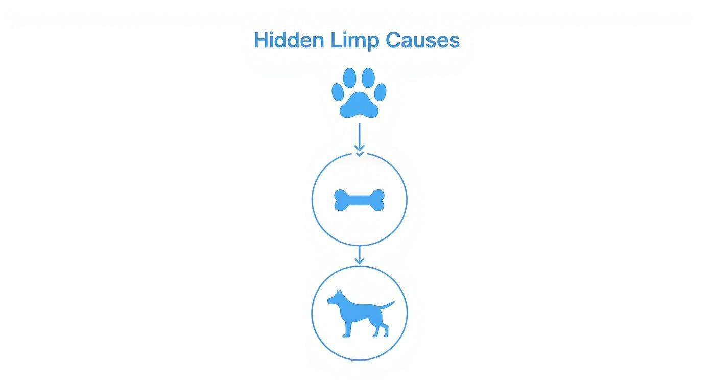 A flowchart illustrating hidden causes of limping in dogs, featuring paw, bone, and dog icons.