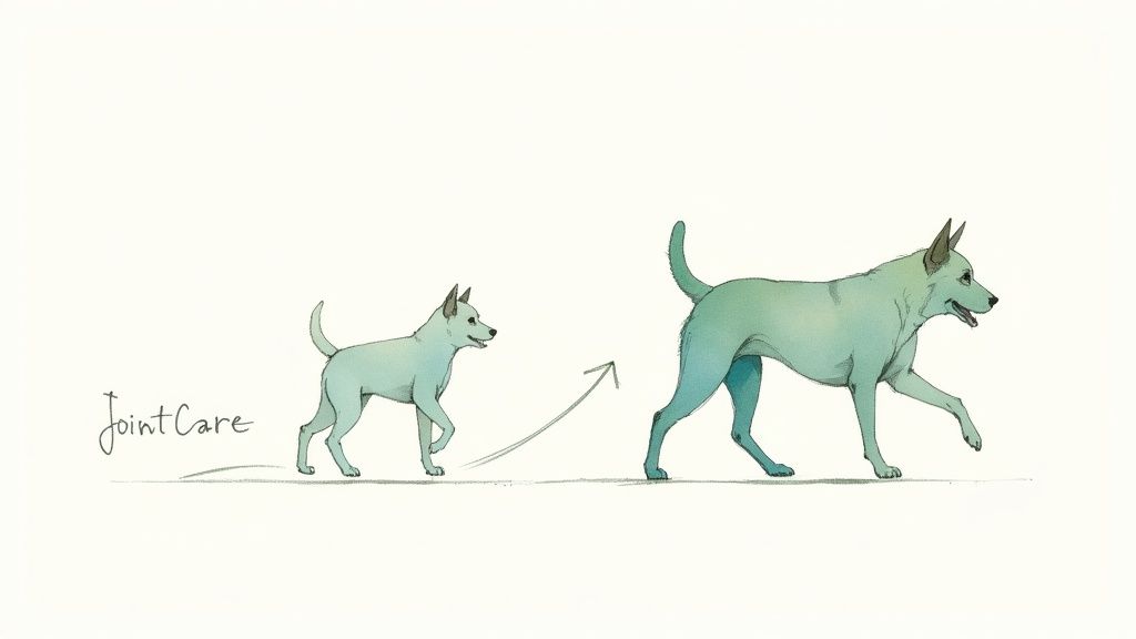Illustration of a small light blue dog growing into a larger adult dog, with 'Joint Care' text, emphasizing canine joint health.