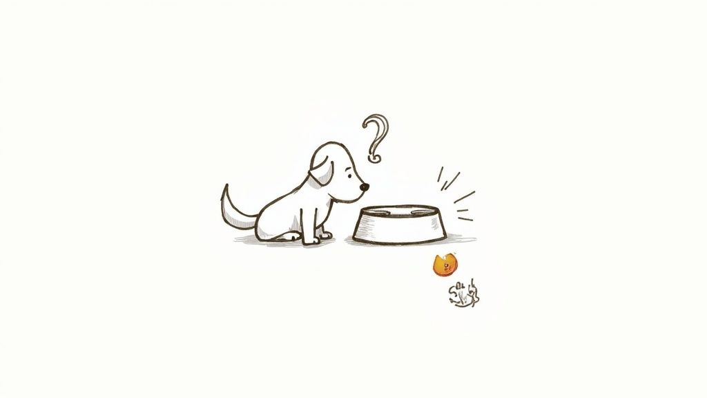 Confused dog sitting next to empty food bowl with question mark overhead illustration