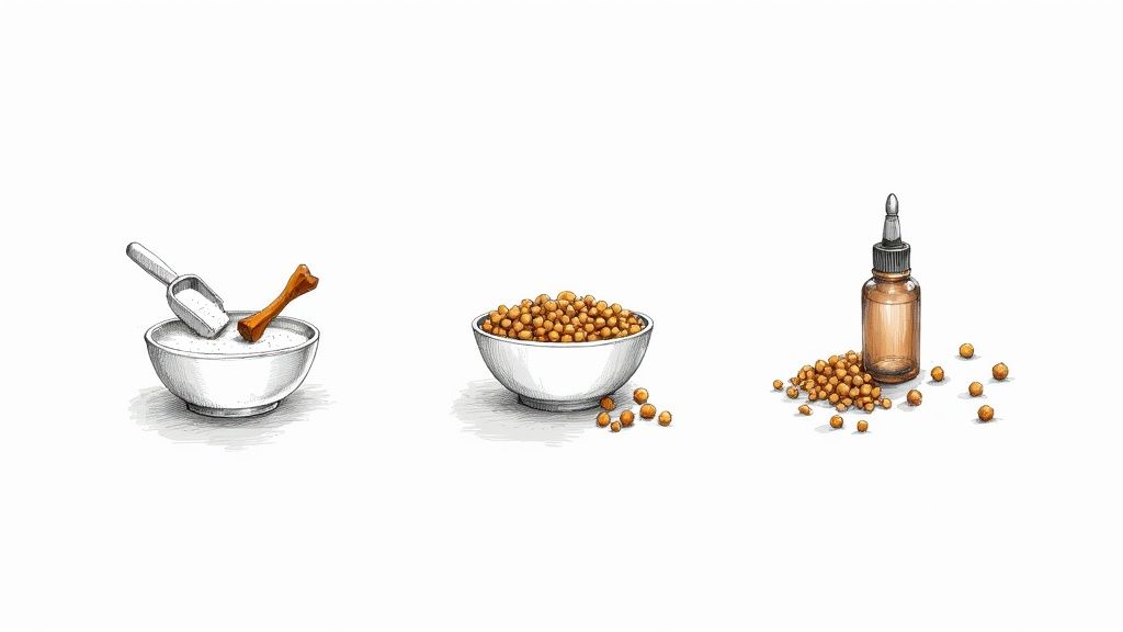 Illustrative sketch of dog supplement ingredients: powder with a bone, pellets in a bowl, and a dropper bottle.