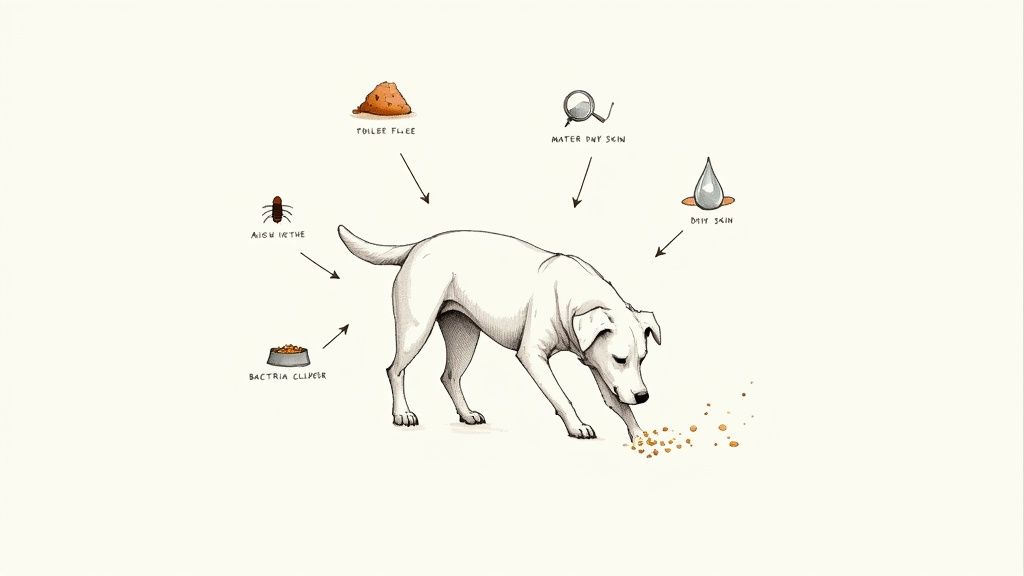 A golden retriever scratching its ear, looking distressed.