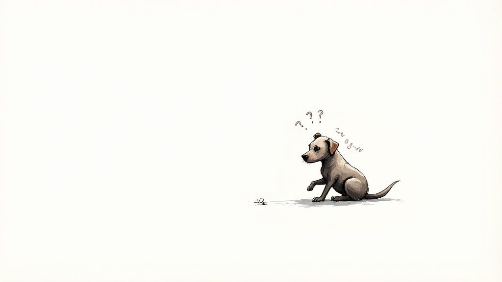 A confused dog with question marks above its head sits on a minimalist white background.