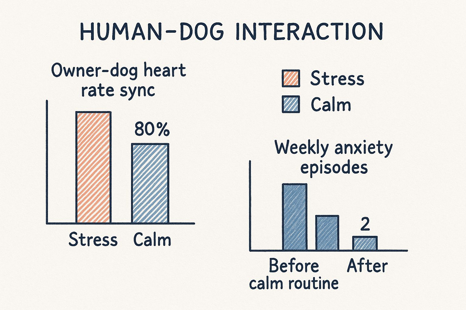 Infographic comparing owner-dog heart rate sync during stress vs. calm, and the reduction in weekly anxiety episodes after implementing a calm routine.