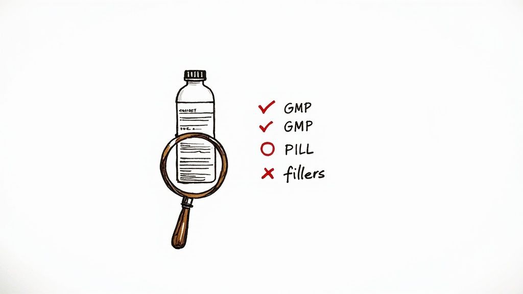 Magnifying glass examining supplement bottle with GMP certification checklist showing quality standards verification