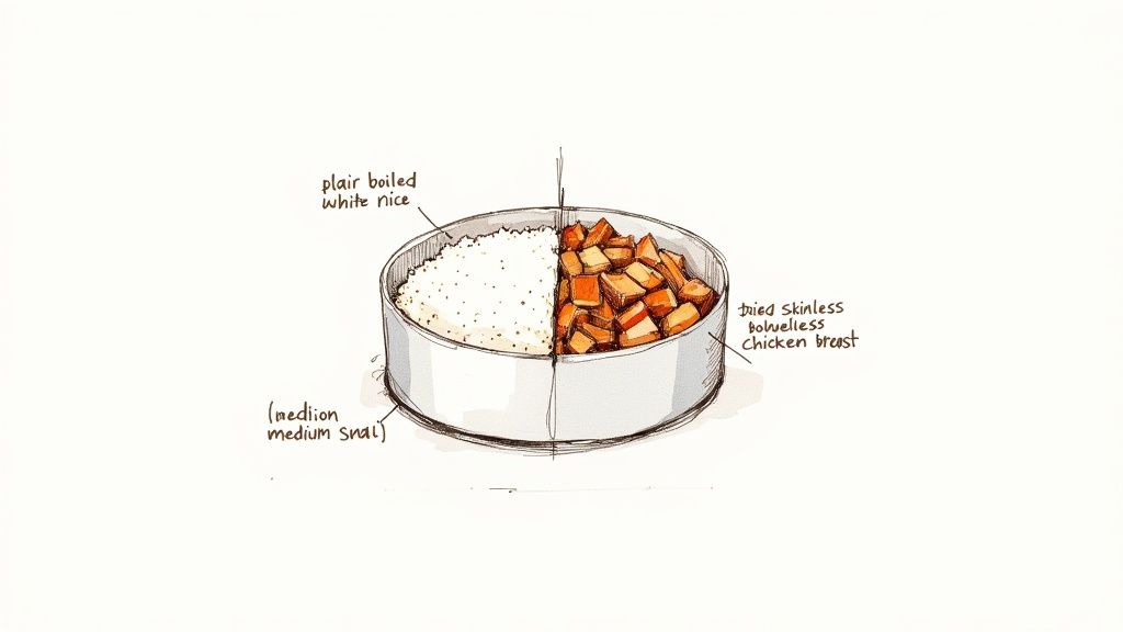 An illustration of a balanced meal in a bowl, featuring plain white rice and diced chicken breast.