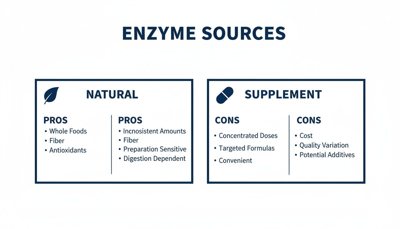 A comparison chart outlining the pros and cons of natural versus supplement enzyme sources.