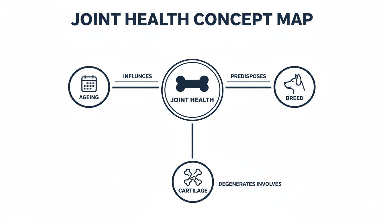 A concept map illustrating factors influencing joint health in animals, including ageing, breed, and cartilage degeneration.