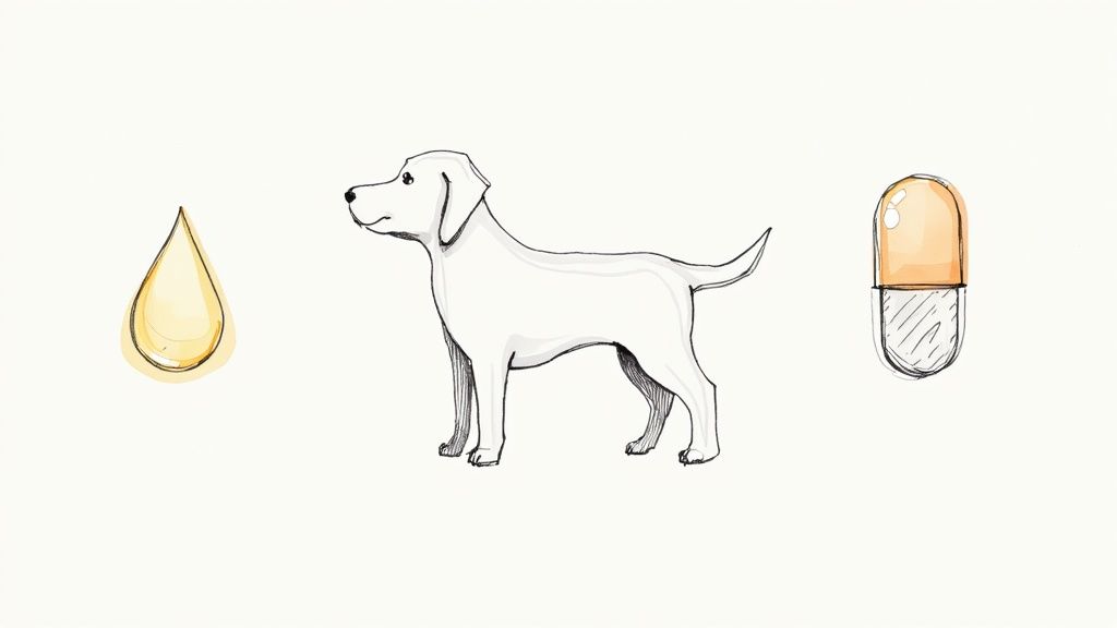 A collection of natural dog supplements, including fish oil capsules, probiotics, and quercetin pills, arranged neatly on a wooden surface.