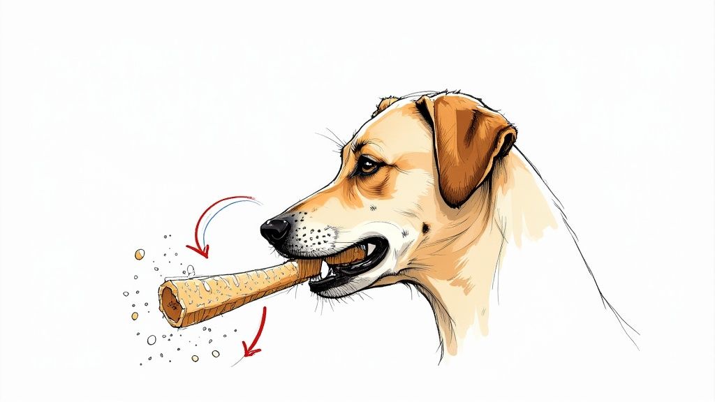 A dog happily gnawing on a dental chew
