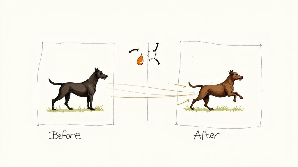 Illustration of a dark dog changing into an energetic brown dog, influenced by a chemical substance.