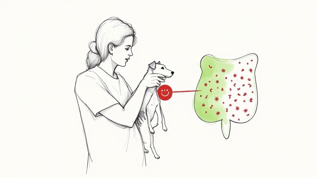 A happy dog lying on a light-coloured floor next to its owner's legs.