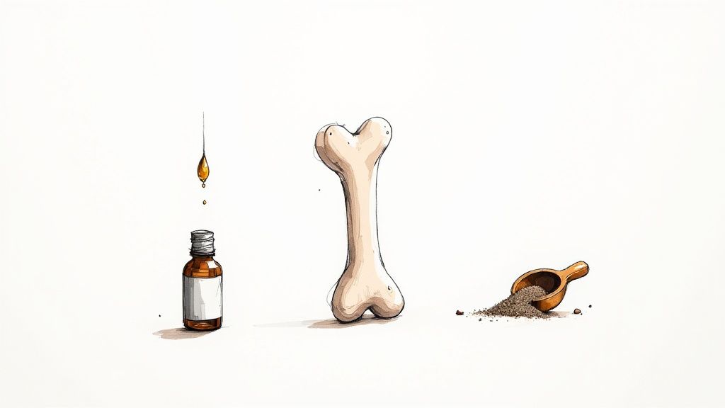 A person examining the label on a bottle of dog supplements, with their dog looking on.