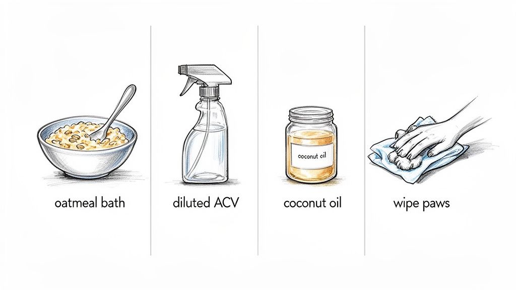 Four illustrated panels show natural remedies for pet allergies: an oatmeal bath, diluted ACV spray, coconut oil, and wiping paws.