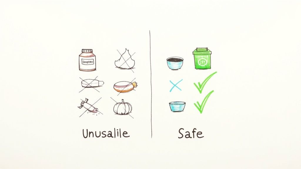 Illustration showing unsuitable items like medicine, candy, and bones contrasted with safe items for dogs, like water and a trash can.