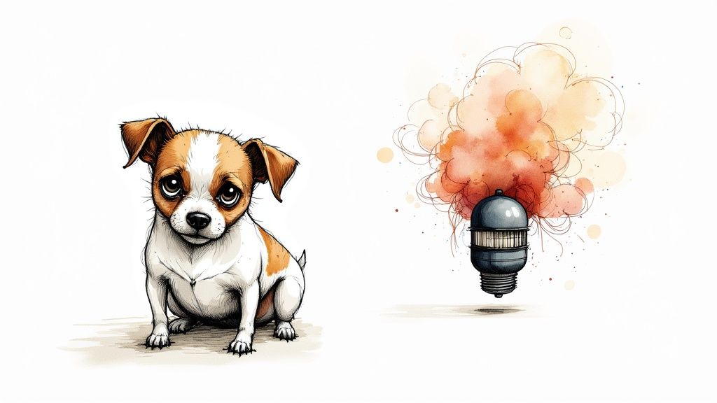 A worried-looking Labrador lying on a wooden floor, looking up with anxious eyes.