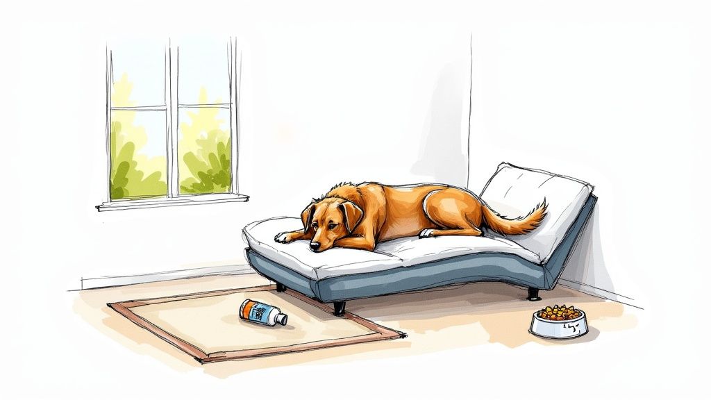 A sad brown dog lies on a dog bed next to a medicine bottle and a full food bowl.