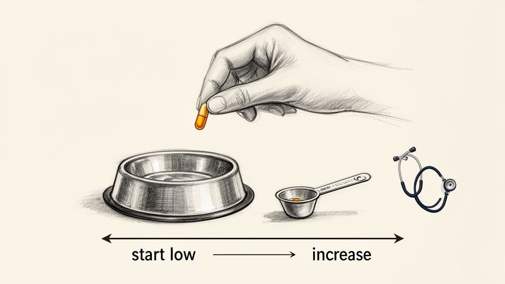 A hand holds a capsule over a pet bowl, next to a measuring spoon and stethoscope, with text 'start low' to 'increase'.
