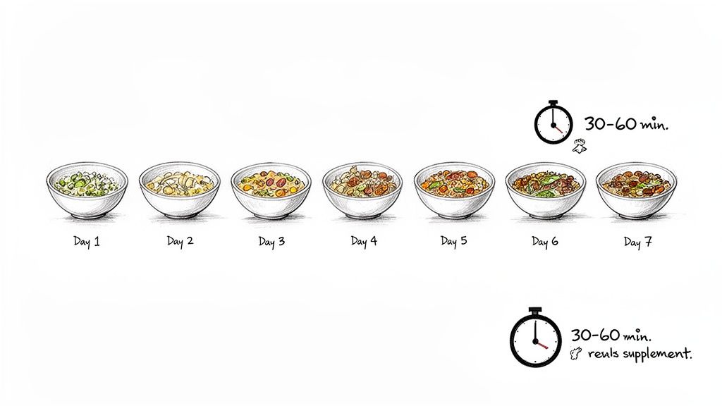 Seven distinct bowls of food labeled Day 1 to Day 7, with two clocks indicating 30-60 minutes.