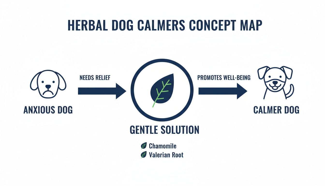 Concept map illustrating how herbal solutions like chamomile and valerian root help anxious dogs become calmer.