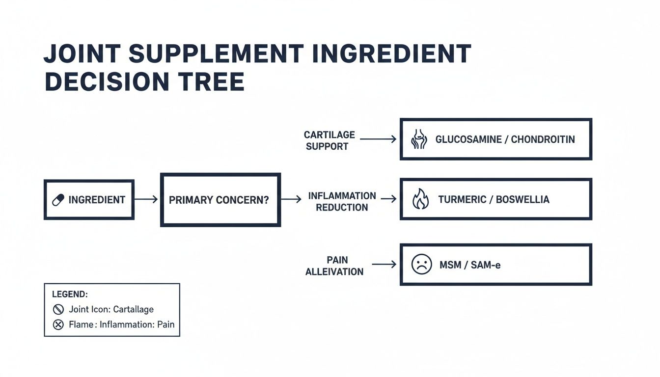 Decision tree guiding joint supplement ingredient choices based on primary concerns like cartilage, inflammation, and pain.