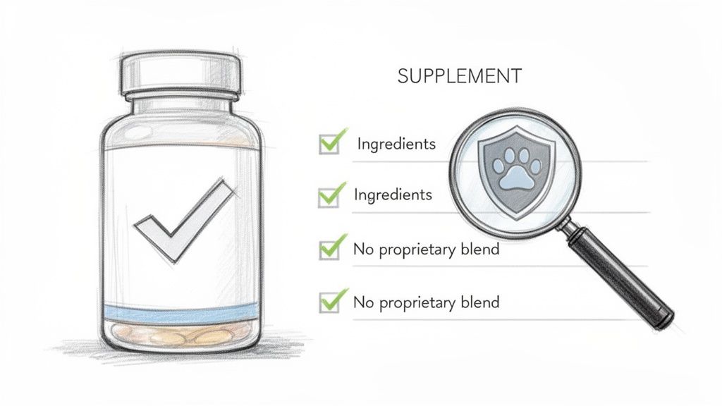 Pet supplement bottle and checklist showing transparent ingredients, no proprietary blends, and a paw print shield.