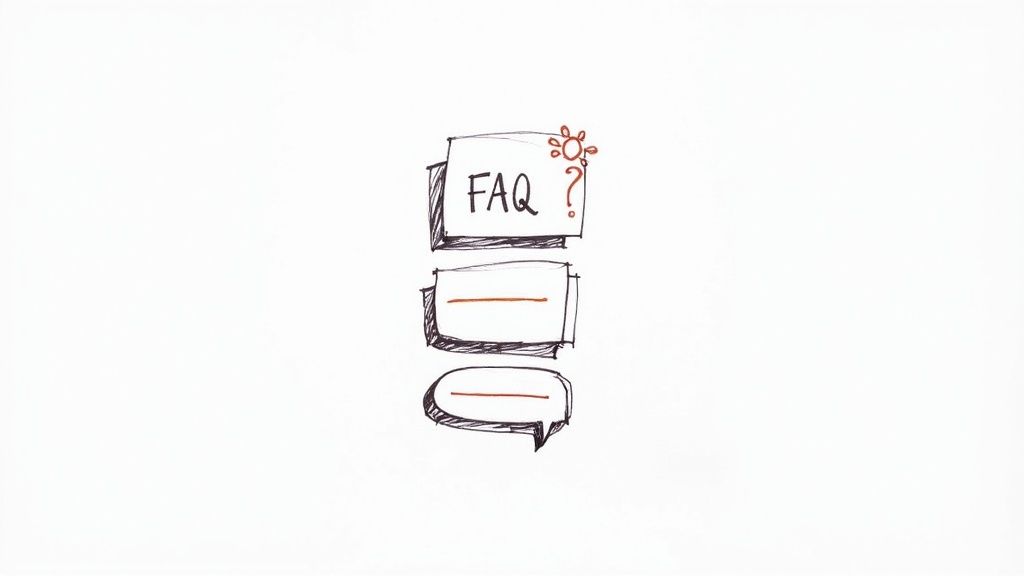 Hand-drawn icons for FAQ, search, and chat, representing frequently asked questions and communication.