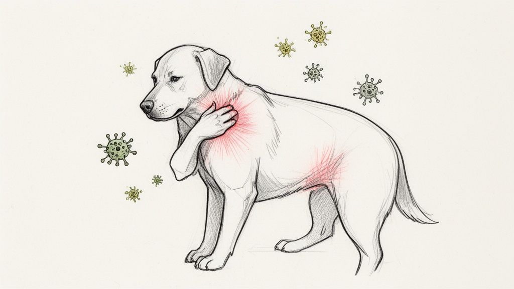 A dog scratching its irritated skin, depicting symptoms of allergies with airborne particles.