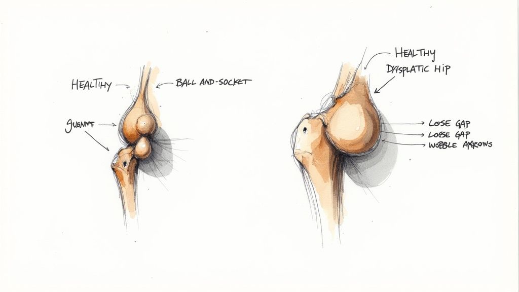 A diagram showing the difference between a normal dog hip joint and one with hip dysplasia