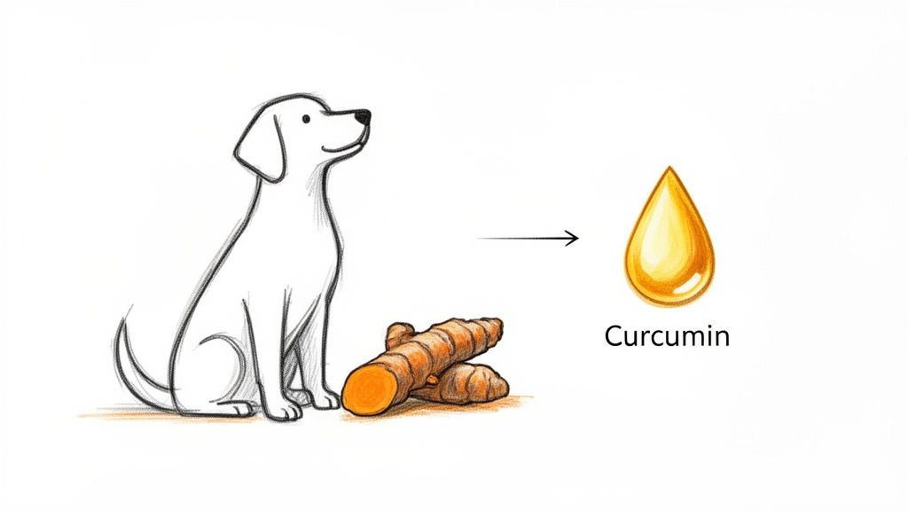 Illustration of a dog next to turmeric roots, with an arrow pointing to a curcumin droplet, representing natural health.