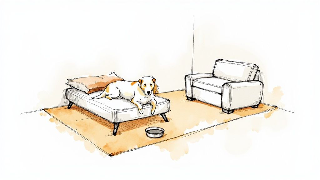 Dog resting on a supportive bed in a cosy living room