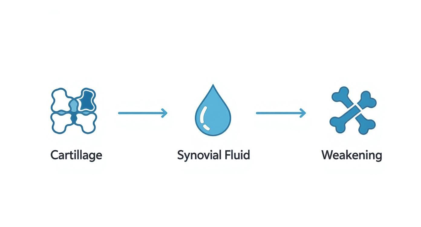Diagram illustrating the progression from cartilage to synovial fluid, potentially leading to joint weakening.