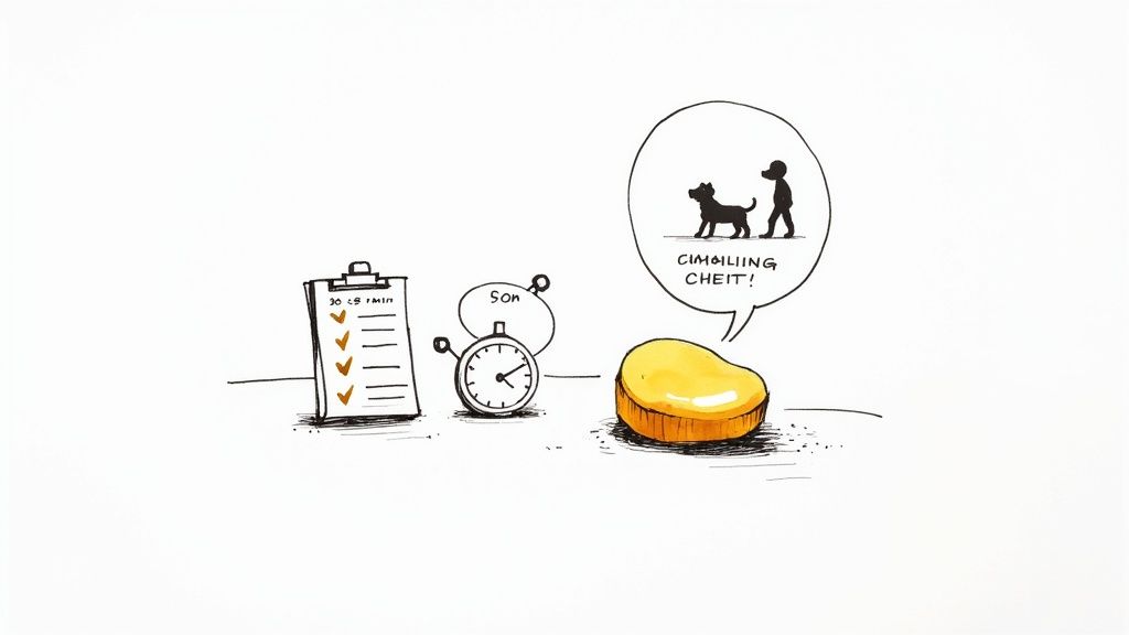 A person giving a calming treat to a small, fluffy dog sitting on a sofa.