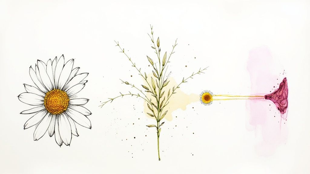 A collection of natural dog supplements and calming aids displayed on a wooden surface.