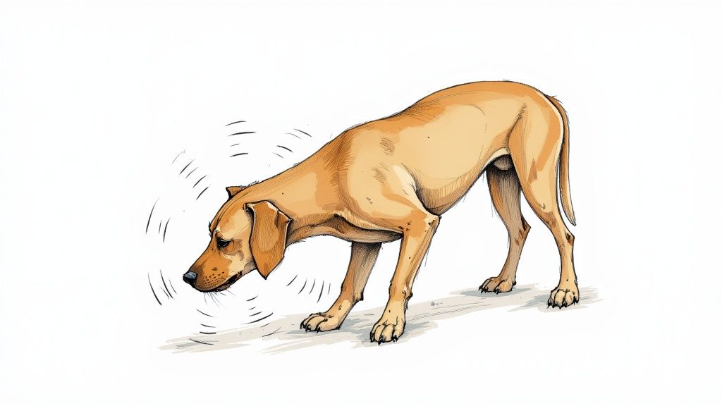 A golden retriever scratching its ear, looking uncomfortable.