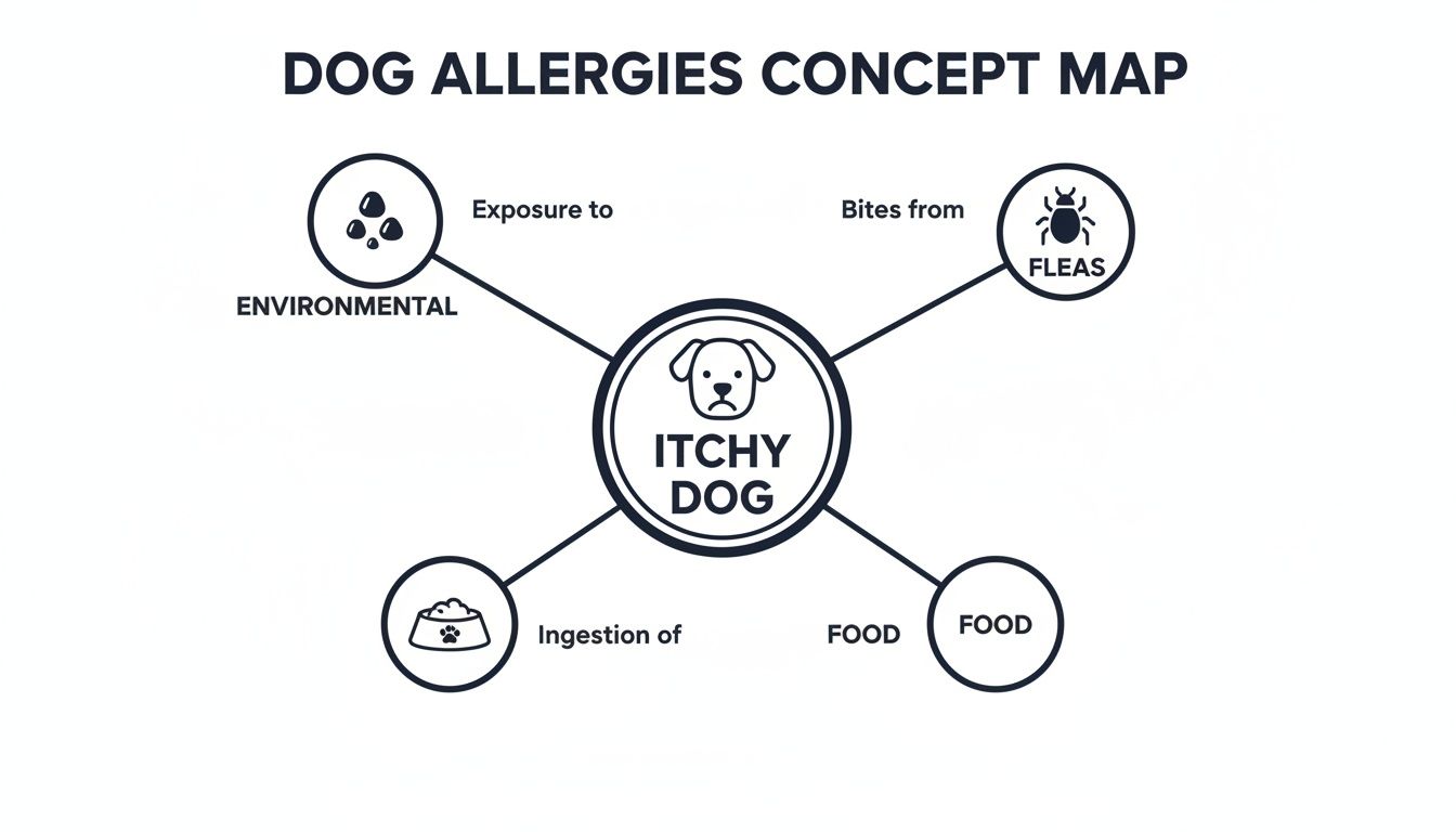 A concept map illustrating common causes of itchy dogs: environmental factors, fleas, and food.