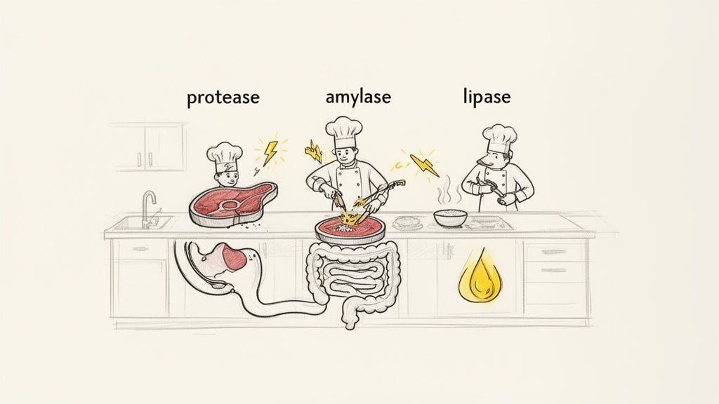 Illustration of digestive enzymes: protease, amylase, and lipase breaking down food in the digestive system.