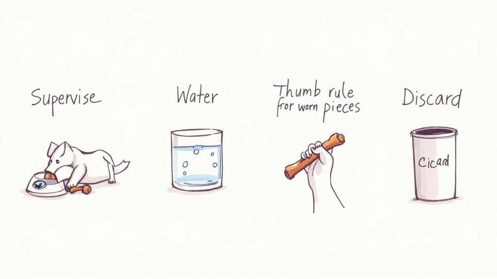 An illustration of dog chew safety steps: supervising, offering water, checking for worn pieces, and discarding.