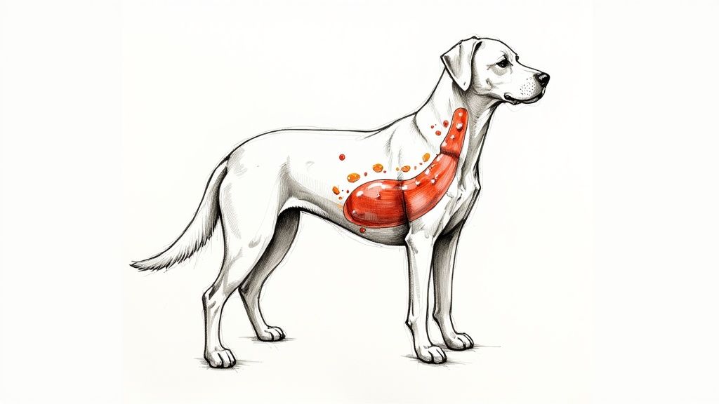 An anatomical illustration of a dog, showing its esophagus and stomach highlighted in red with food particles.