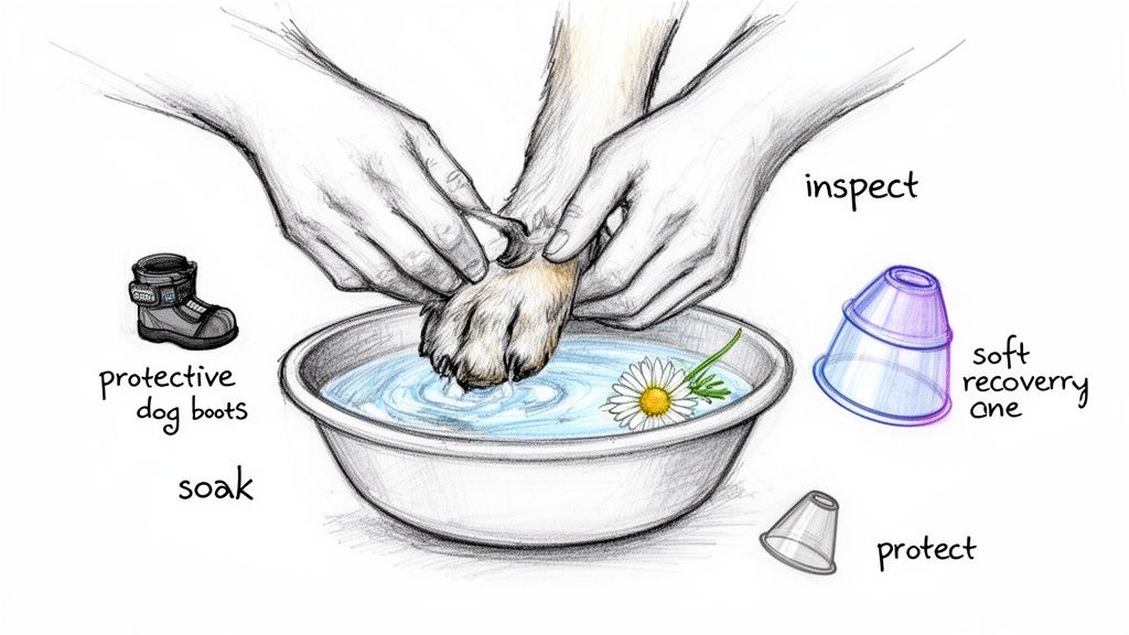 Illustration of hands gently soaking a dog's paw in a bowl of water with a daisy, showing paw care steps.