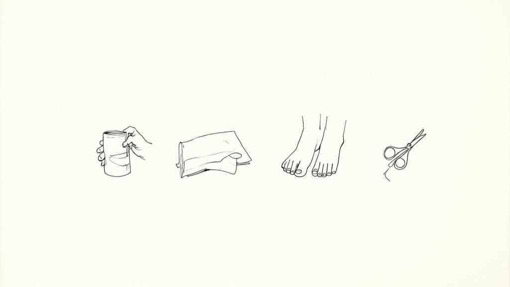 A series of simple line drawings depicting a hand holding a can, a folded cloth, bare feet, and scissors.