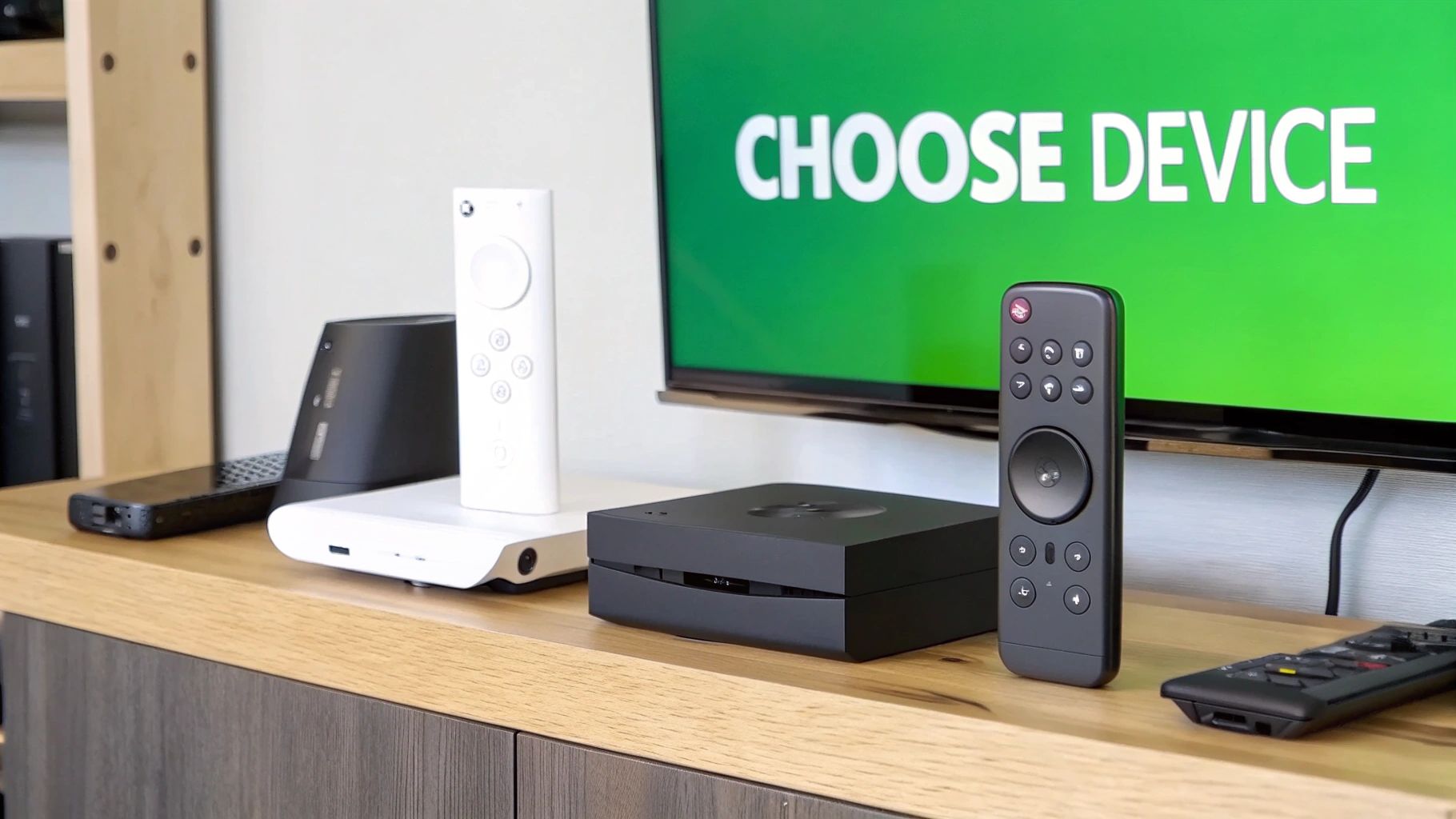 A modern living room setup with a smart TV displaying a vibrant streaming interface and a streaming device nearby.