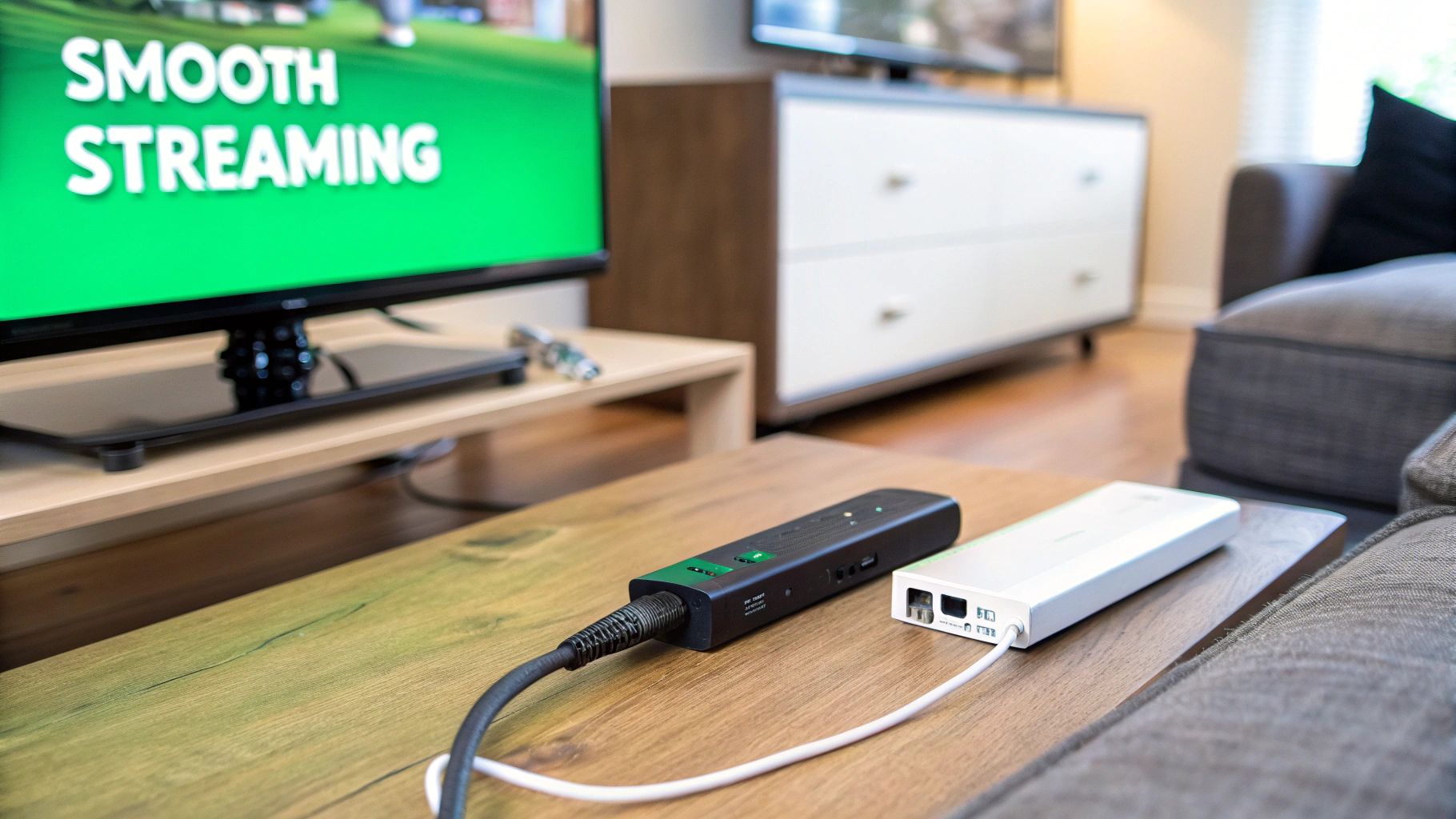 A hand holding a Firestick remote pointed at a TV screen showing a vibrant, high-definition image