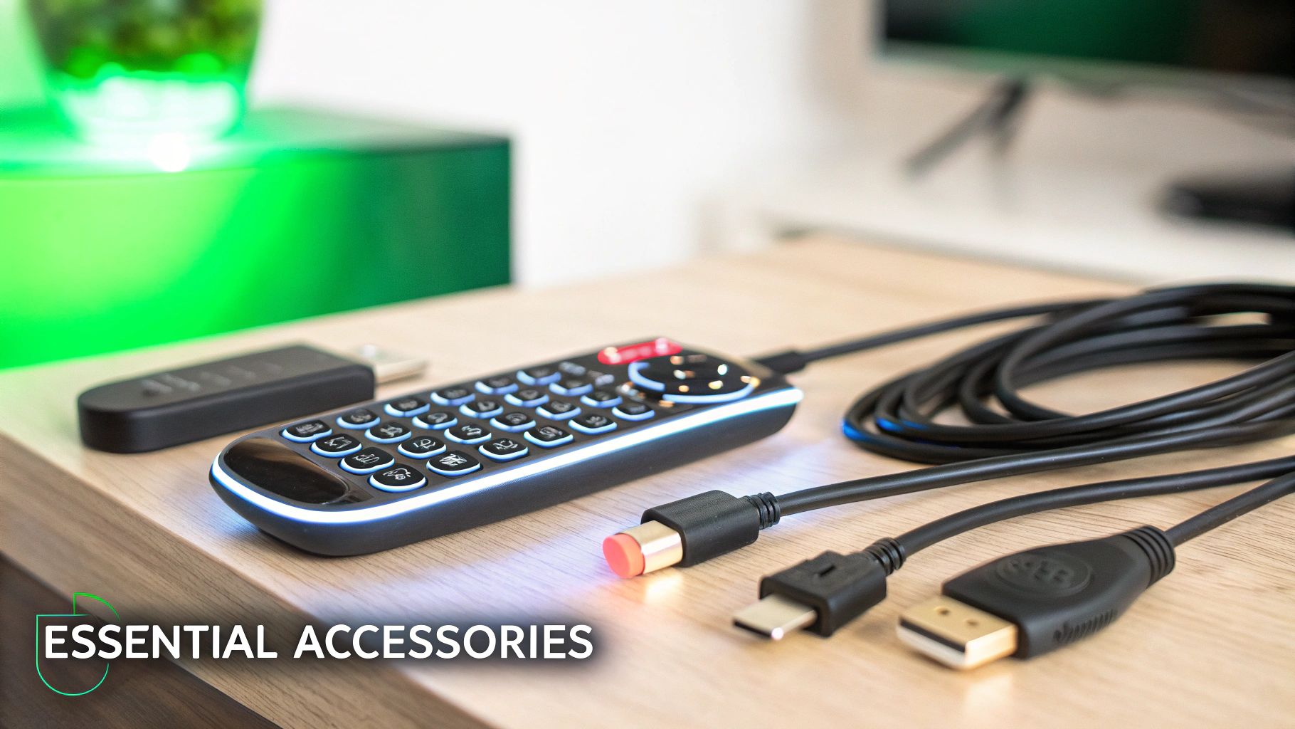Several streaming accessories like a mini keyboard, HDMI cable, and Ethernet adapter arranged on a wooden surface.