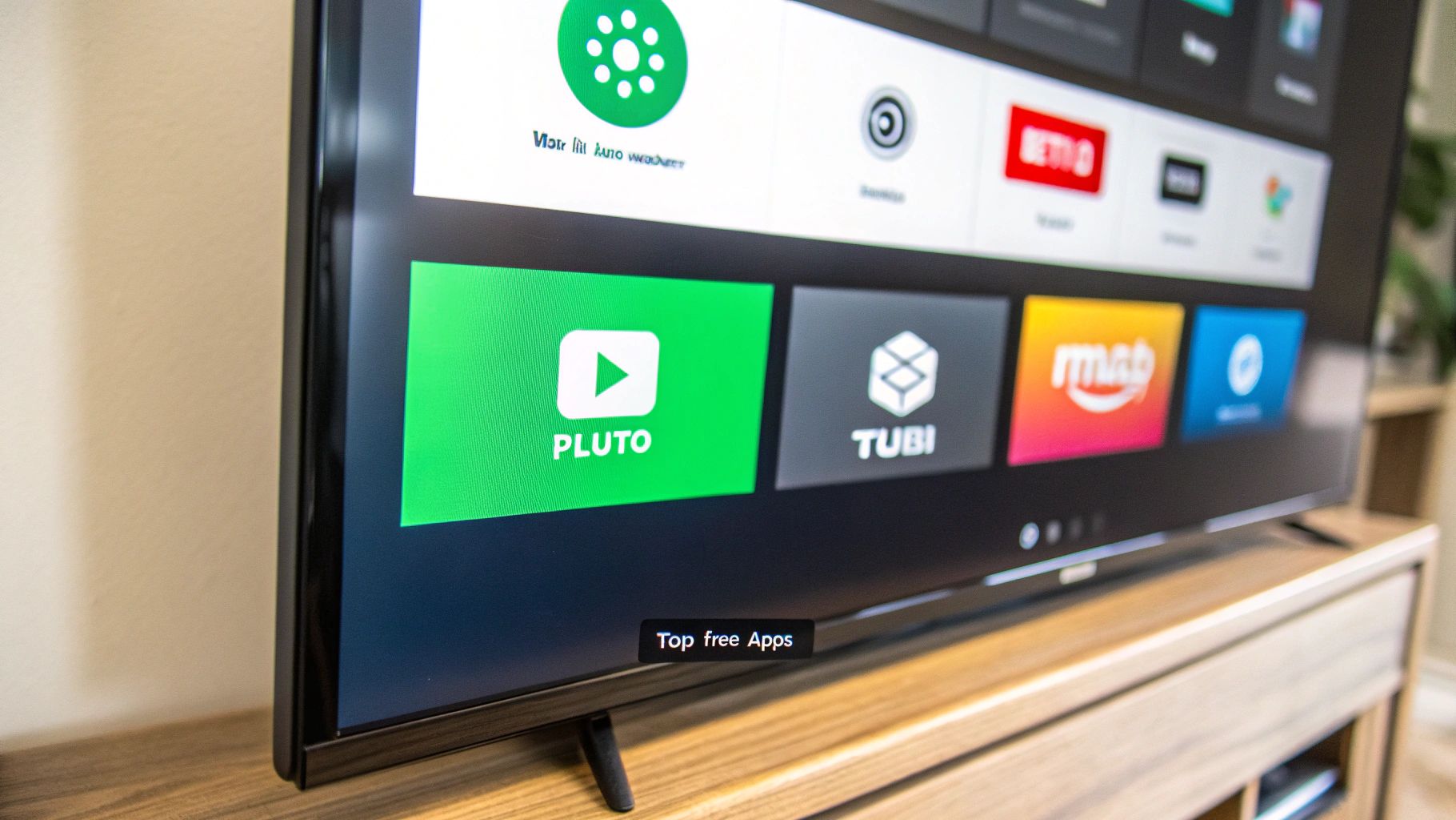 A person sitting on a sofa and using a remote to switch between different free live TV apps on a large screen TV.