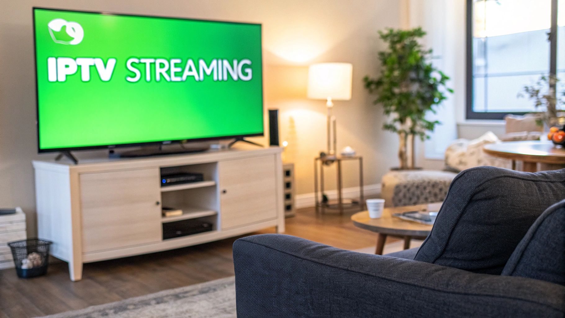 A person relaxing on a sofa while streaming content on a large screen television, representing IPTV for Canada.