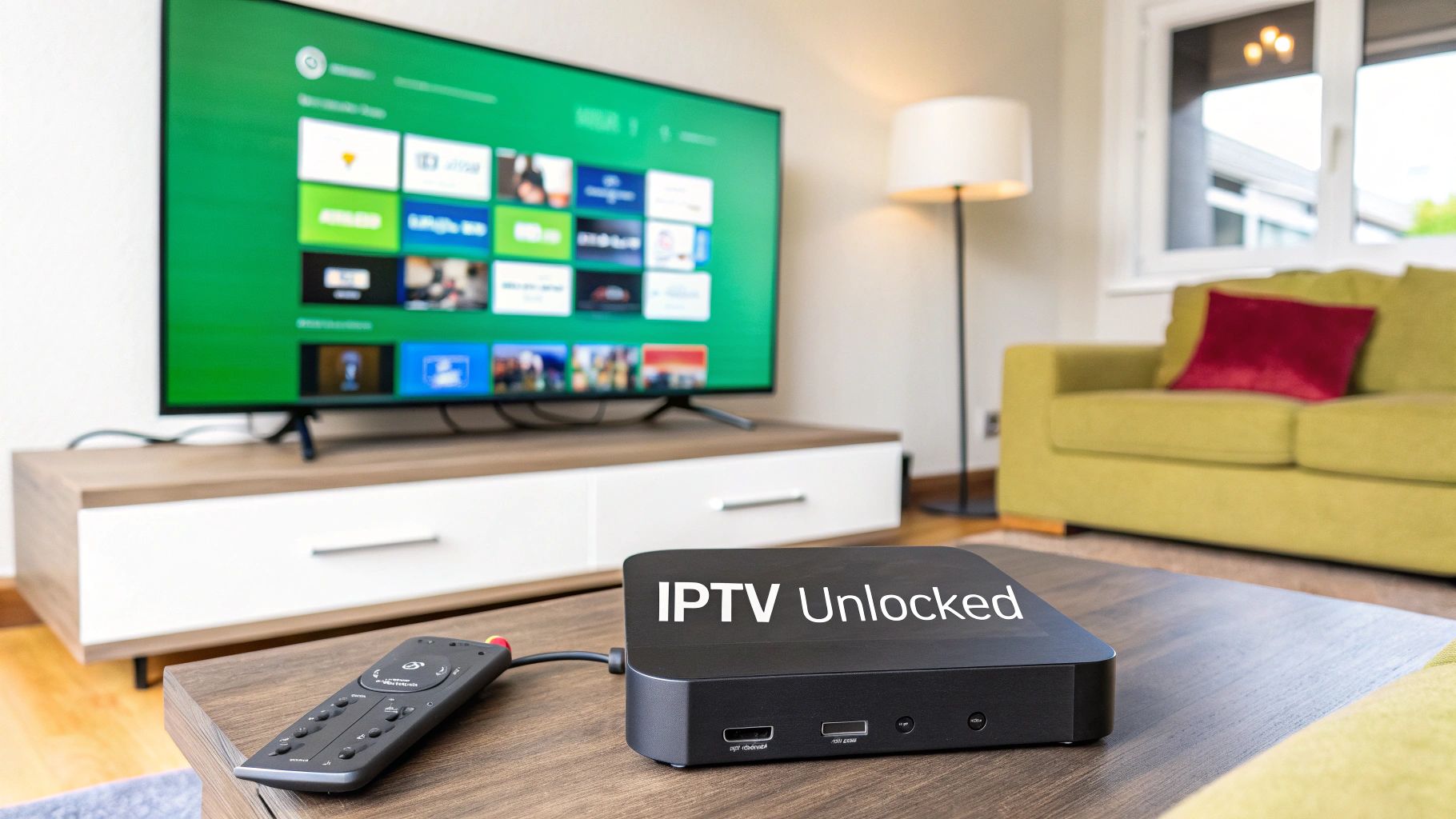 An Android box and remote control sitting on a wooden surface, ready for IPTV setup.