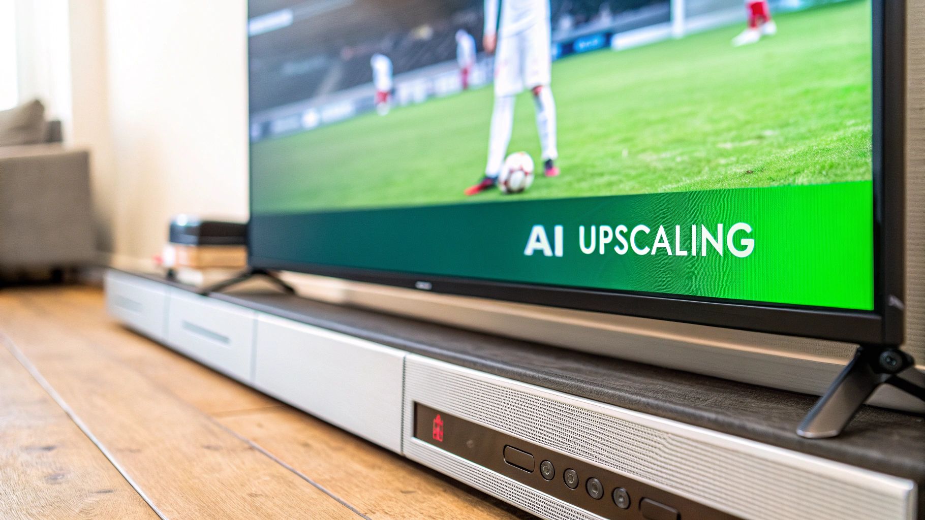 A futuristic, abstract image showing AI neural networks processing and enhancing a video stream, with glowing lines and nodes representing data.