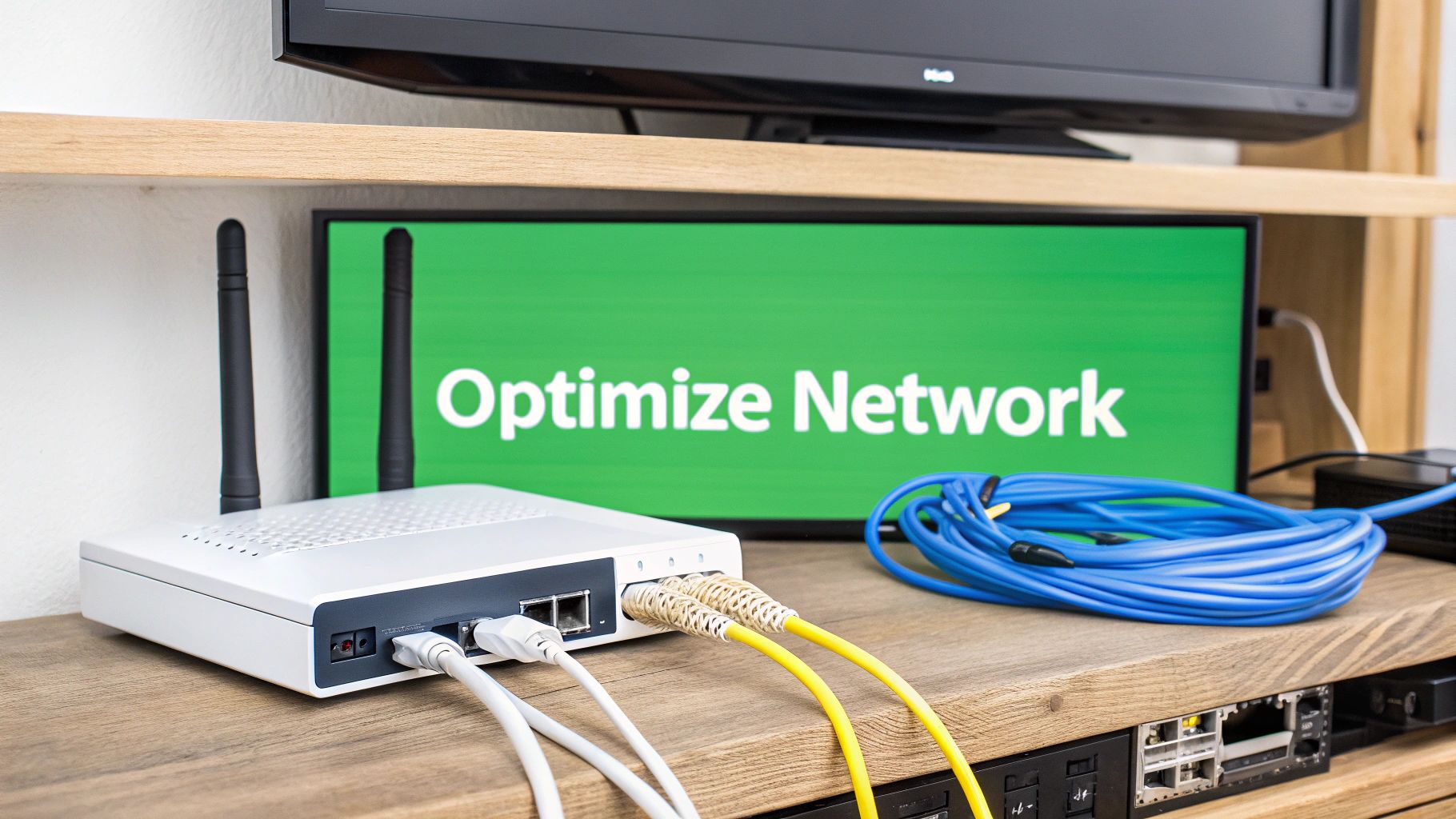 An Ethernet cable plugged into a network switch.