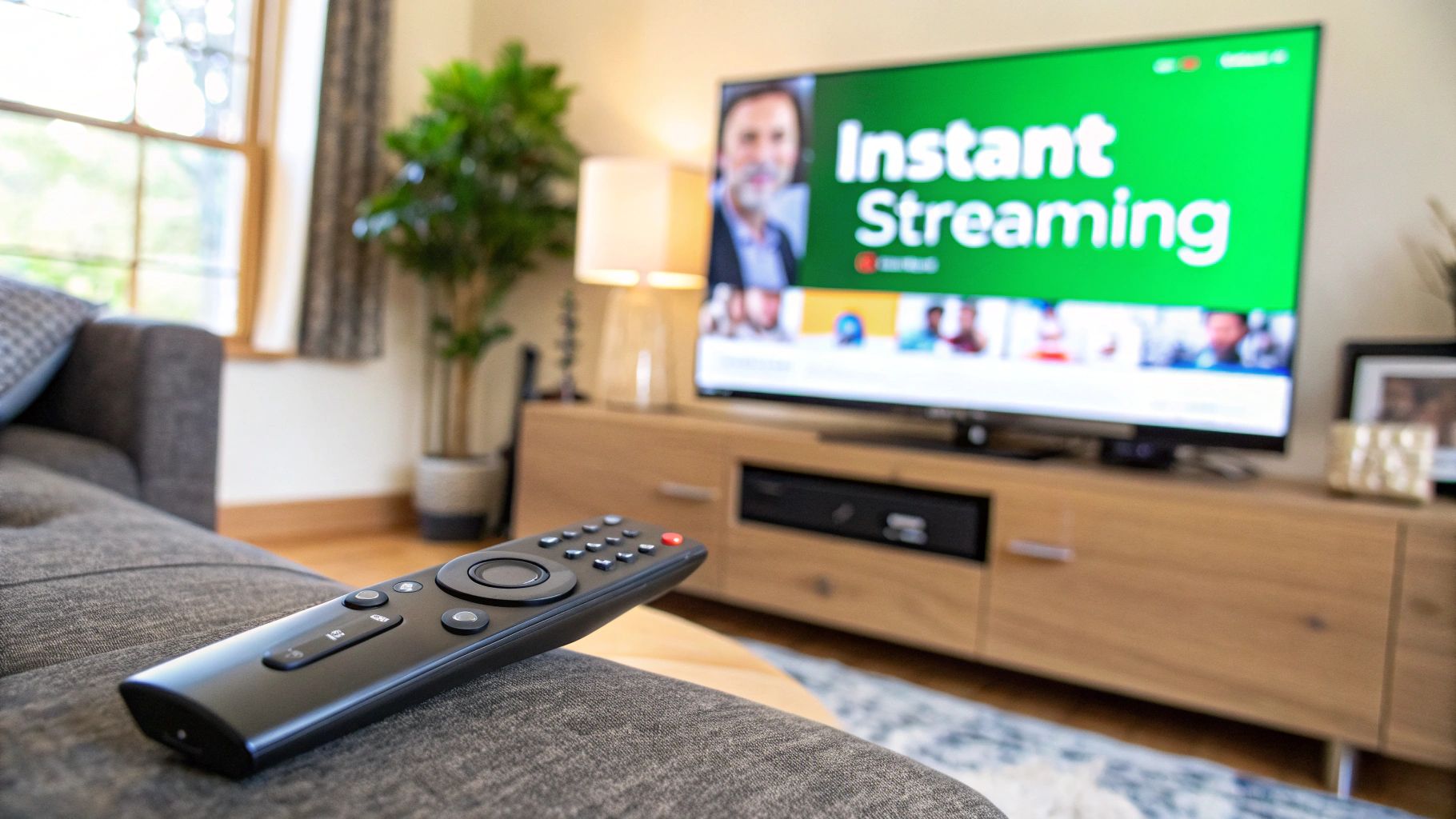 A person relaxing on a couch, holding a remote and pointing it at a TV screen showing a streaming interface.