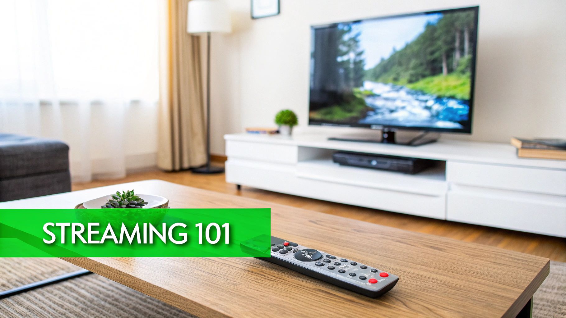 A person relaxing on a couch, using a remote to navigate a modern TV interface.